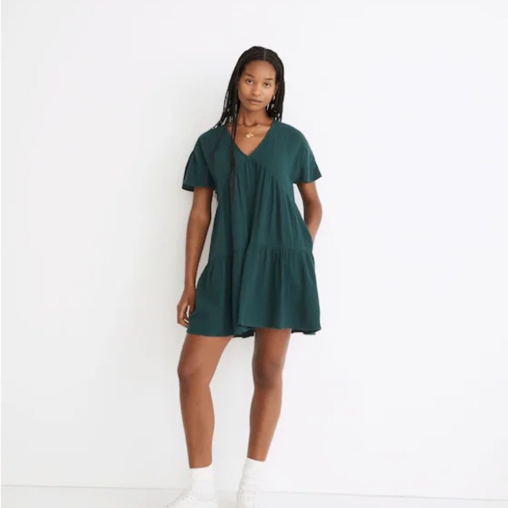 Madewell Popover Lightspun Tiered mini dress in Smoky Spruce